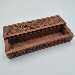 Indian Hand Carved Wooden Box 4"x8" Rustic Floral‎ Keepsakes Incense Jewelry
